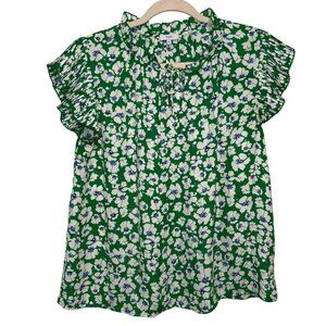 Green Floral Print Ruffle Short Sleeve Blouse By Voy Size M
